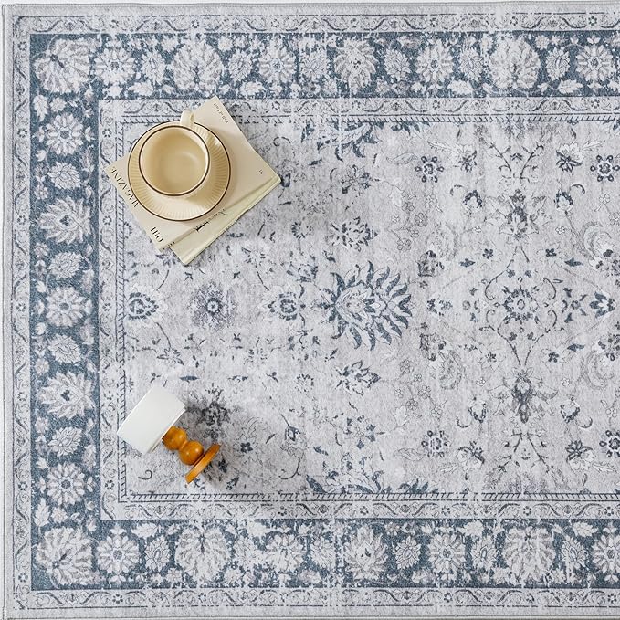 PureCozy 5x7 Area Rug Blue Washable Vintage Carpet Living Room Bedroom Non Slip Stain Soft Resistant Low Pile Thin Boho Accent Indoor Throw Rug for Dining Room Office