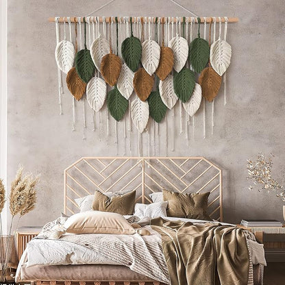 KHOYIME Large Macrame Wall Hanging Boho Woven Tapestry, Chic Home Decor Modern Bohemian Handmade Leaf Feather Wall Art Decorations for Apartment Dorm Living Room Bedroom Nursery Backdrop 39"W X 29.5"L
