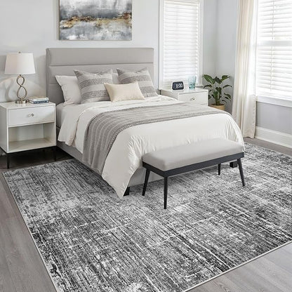 7x10 Area Rug Living Room: Washable Large Neutral Black Rug Abstract Soft Modern Stain Resistant Indoor Floor Non-Slip Carpet for Bedroom Nursery Kids Office Playroom Dining Room Under Table Home