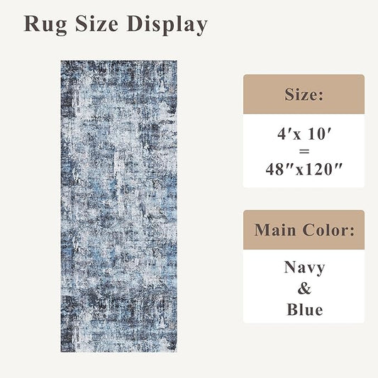 4x10 ft Extra Wide Hallway Rug – Non-Slip Washable Rubber-Backed Large Carpet Runner for Kitchen, Entryway | Modern Abstract, Low-Pile Thin Floor Mat for Bedroom Living Room Dining Room（Navy Blue）