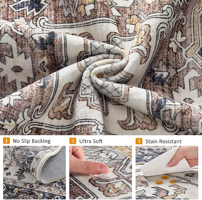 10x12 Washable Area Rugs for Living Room: Non Slip Vintage Beige Blue Rug, Large Soft Stain Resistant Indoor Floor Carpets for Bedroom Dining Room Nursery Home Office Kid & Pet Friendly