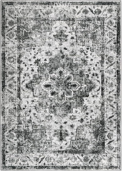 YOH Boho Washable Rug 4x6, Black Vintage Non Slip Area Rug, Distressed Indoor Carpet for Living Room Bedroom Kitchen Office