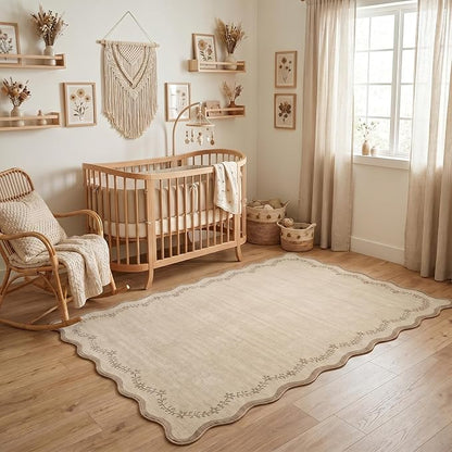 GarveeHome 4x6 Jute Scalloped Washable Area Rug for Nursery Room, Solid Floral Soft Nursery Rug Non Slip Low Pile Small Carpet Stain Resistant Throw Rug for Dorm Kids Room Office Dining Room