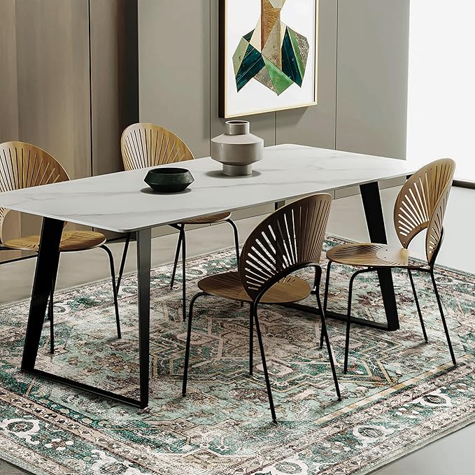 CHAMPLANT Green Area Rug 9'x12' Washable Vintage Traditional Mat Distressed Indoor Foldable Thin Retro Accent Floral Print Rug Non Slip Carpet for Living Room Dining Room Office