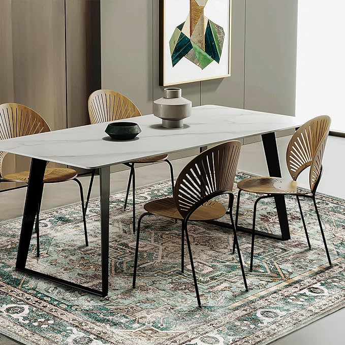 CHAMPLANT Green Area Rug 10'x14' Washable Vintage Traditional Mat Distressed Indoor Foldable Thin Retro Accent Floral Print Rug Non Slip Carpet for Living Room Dining Room Office