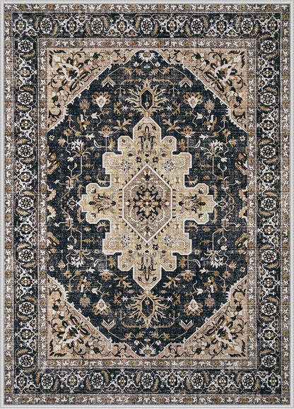 Area Rug 8x10 Vintage Rugs: Large Washable Living Room Rug Retro Medallion Distressed Soft Low Pile Non-Slip Indoor Floor Carpet for Bedroom Kitchen Nursery Dining Office (BeigeBlack, 8'x10')