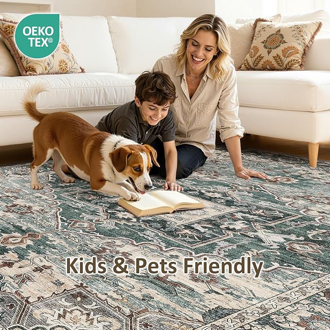 5x7 Washable Area Rugs for Living Room: Non Slip Vintage Green Rug, Large Soft Stain Resistant Indoor Floor Carpets for Bedroom Dining Room Nursery Home Office Kid & Pet Friendly