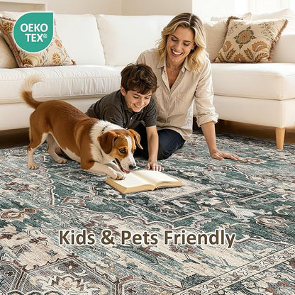 5x7 Washable Area Rugs for Living Room: Non Slip Vintage Green Rug, Large Soft Stain Resistant Indoor Floor Carpets for Bedroom Dining Room Nursery Home Office Kid & Pet Friendly