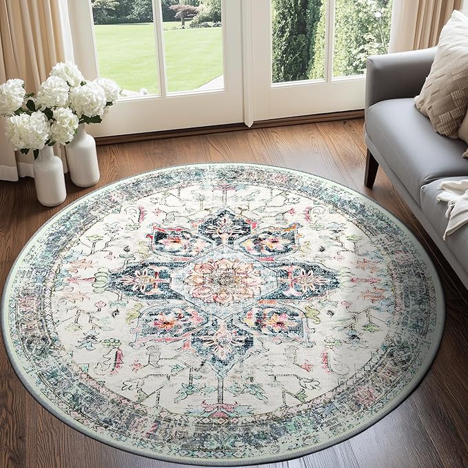 BESTSWEETIE 4ft Area Rug Washable Rugs for Living Room, No Pile Boho Carpet for Entryway Bedroom Dinning Room, Vintage Carpet Print Distressed Non-Slip, 48" Round, Multi Navy Teal
