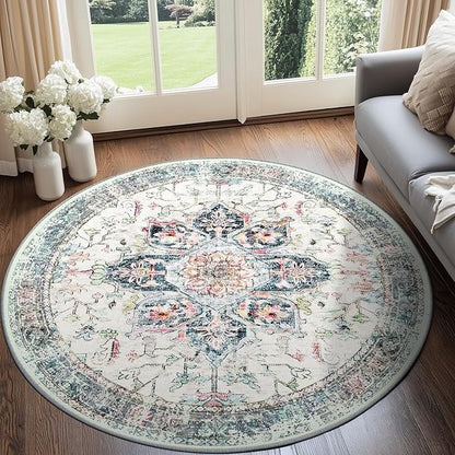 BESTSWEETIE 4ft Area Rug Washable Rugs for Living Room, No Pile Boho Carpet for Entryway Bedroom Dinning Room, Vintage Carpet Print Distressed Non-Slip, 48" Round, Multi Navy Teal