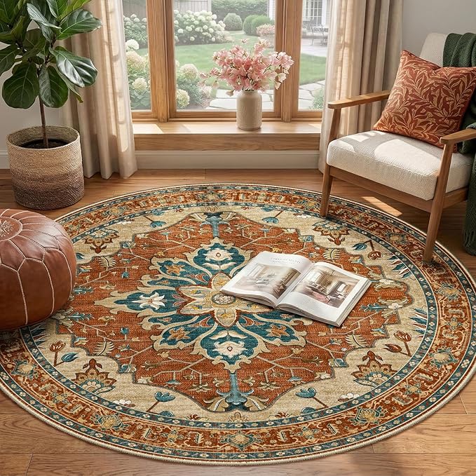 RELEANY Area Rugs Round 4ft Washable Non-Slip, Floral Vintage Distress Print Pattern Medallion Carpet for Living Room Bedroom Dining Room, Red Orange Blue Brown
