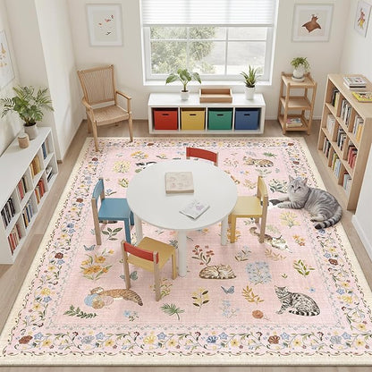 Soalmost Cat 9x12 Pink Area Rugs for Baby Girl Nursery, Washable Animal Floral Vintage Rug Non-Slip Low Pile Soft Throw Rugs for Living Room Dining Room Bedroom Playroom Classroom (9 x 12,Pink)
