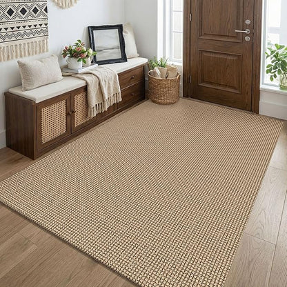KOZYFLY Boho Washable 4x5 Entry Woven Area Rug, Braided Throw Rugs for Entryway, Non Slip Door Mat Indoor Entrance, Farmhouse Carpet for Foyer, Bedroom, Dining, Office, Orange Beige/Tan/Brown