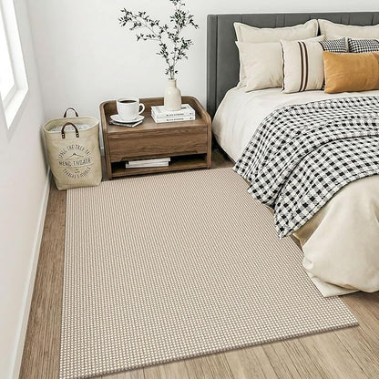 KOZYFLY Washable 4x5 Entry Woven Area Rug, Braided Throw Rugs for Entryway, Non Slip Door Mat Indoor Entrance, Flatweave Carpet for Foyer, Bedroom, Dining, Office, Ivory/Camel/Brown