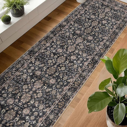 KUTA Vintage Washable Runner Rug 2.6x14, Non-Slip Brown Hallway Kitchen Rugs with Rubber Backing, Ultra Soft Printed Floral Extra Long 14ft Carpet Runners Indoor for Stairs