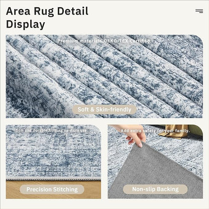 Soalmost 5x7 Area Rugs Blue Low Pile Indoor Washable Trendy Faded Style Rugs for Bedroom Living Room Dining Room Foldable Non-Slip Thin Print Mat