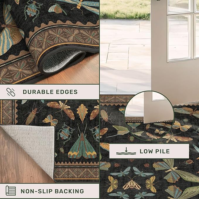 Green and Black 3x12 Long Runner Rugs for Hallway - Boho Door Rugs for Entryway Indoor Washable, 12ft Nature Insect Stain Resistant Kitchen Carpet, Low Pile & Soft Indoor Décor
