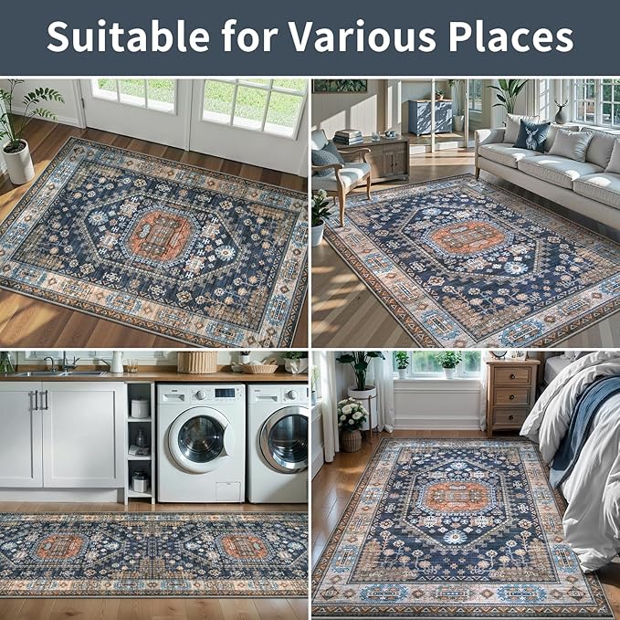 Tangsoo 2.6x8 Washable Runner Rug for Hallways,Vintage Non-Slip Kitchen Runner Rugs Non-Slip Soft Low Pile Long Rug Runner for Bedroom Entryway Laundry Bathroom Living Room Blue Orange