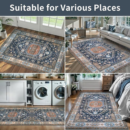 Tangsoo Vintage Geometric 4x6 Rug for Living Room,Blue Orange Washable Indoor Area Rug,Non-Slip Rubber Backing Low Pile Soft Carpet for Front Porch Dining Room Patio Bedroom