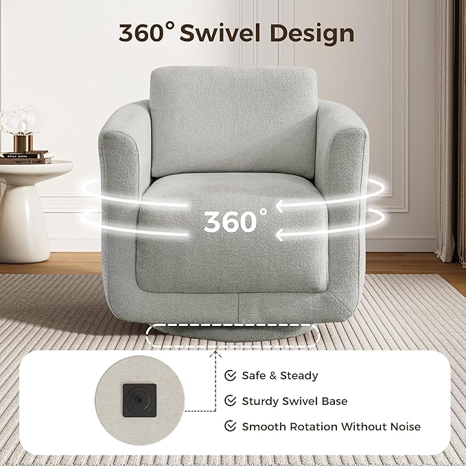 Swivel Accent Chair, 360° Barrel Swivel Lounge Seat with Thick Cushion, Modern Upholstered Single Sofa for Living Room, Bedroom and Reading Nook, Cozy Seating for Small Spaces, Cream (Gray)