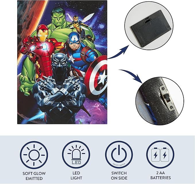Marvel Avengers LED Canvas Wall Art, Kids Room Décor, Light Up Superhero Wall Hanging, 11.5"x15.75"