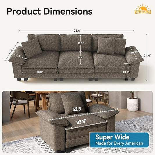 SUNSHINE VALLEY 3 Seat Modular Sofa, 123.6'' Oversized Modern Chenille Sectional Couch with Wider Armrest and Pillow, Upholstered Cloud Deep Seat Sofa for Living Room, Smoky Grey