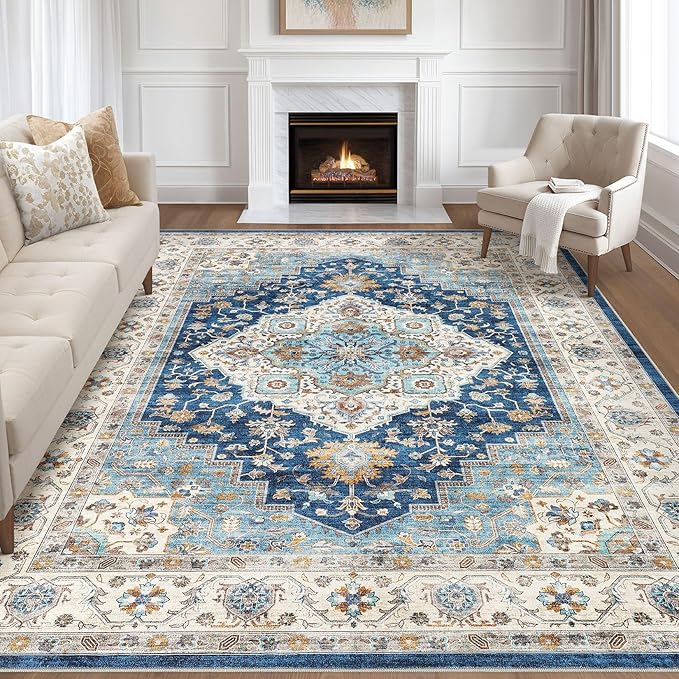 7x10 Area Rug Living Room: Washable Boho Large Neutral Vintage Soft Rugs Stain Resistant Farmhouse Non-Slip Indoor Floor Retro Carpet for Bedroom Nursery Kids Office Dining Room- Navy Beige
