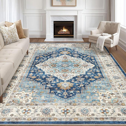 8x10 Area Rugs Living Room: Washable Boho Large Neutral Vintage Soft Rugs Stain Resistant Farmhouse Non-Slip Indoor Floor Retro Carpet for Bedroom Nursery Kids Office Dining Room- Navy Beige