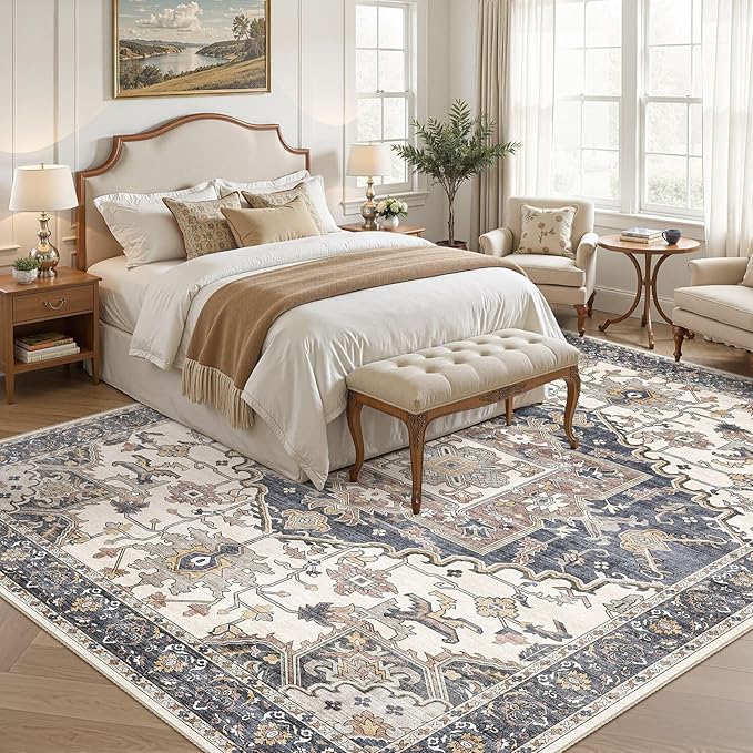 8x11 Washable Area Rugs for Living Room: Non Slip Vintage Blue Beige Rug, Large Soft Stain Resistant Indoor Floor Carpets for Bedroom Dining Room Nursery Home Office Kid & Pet Friendly