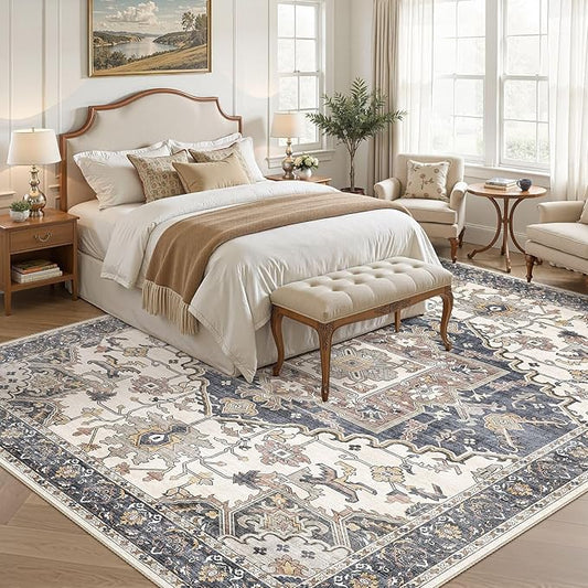 8x11 Washable Area Rugs for Living Room: Non Slip Vintage Blue Beige Rug, Large Soft Stain Resistant Indoor Floor Carpets for Bedroom Dining Room Nursery Home Office Kid & Pet Friendly