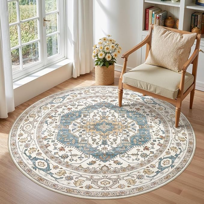 Area Rug for Living Room - 5x5 Soft Washable Oriental Vintage Floral Distressed Large Carpet - Fade Stain Resistant Non Slip Rugs for Bedroom Dining Room Nursery Dorm Office Home Decor - Blue/Beige