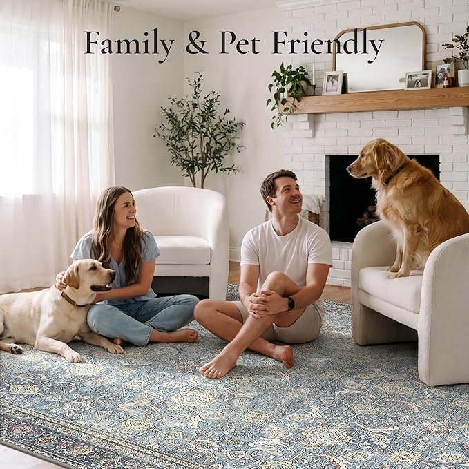 GENIMO 8x10 Area Rugs for Living Room, Machine Washable Non Slip Vintage Rugs, Low Pile Lightweight Chenille Print Rug for Bedroom, Dining Room, Home Office, Vintage Blue