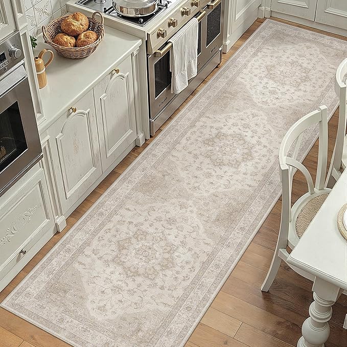PureCozy Beige Runner Rug 2'6"x14' Washable Vintage Carpet Hallway Kitchen Soft Retro Low Pile Thin Indoor Bedroom Non Slip Oriental Medallion Long Throw Rug for Bathroom Laundry Dining Room