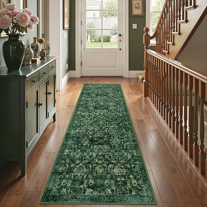 Dark Green 2x10 Runner Rug for Hallways Bed Side Kitchen, Boho Washable Distressed Low-Pile Floor Entryway Long Bathroom Mat, Non-Slip Laundry Room Washstand Front Carpet Green 24x120 Inch