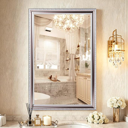 ROLOVE 24x34 Inch Brushed Rose Gold Frame Mirror for Wall, Ornate Baroque Wall Mirror, Large Vintage Decorative Mirror for Mantel & Bathroom, Waterproof Frame, Tempered Glass (Champagne Pink Hue)