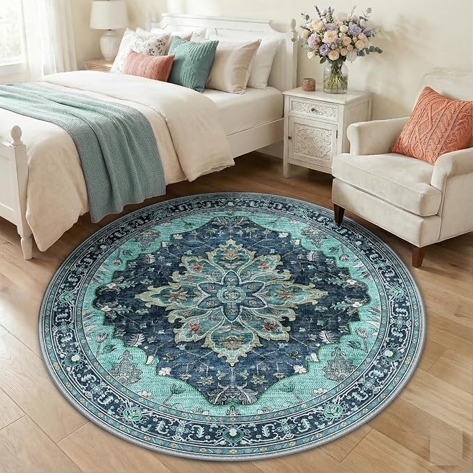 RELEANY Area Rugs Round 5ft Washable Non-Slip, Floral Vintage Distress Print Pattern Medallion Carpet for Living Room Bedroom Dining Room, Teal Green Lake Blue Turquoise