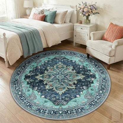 RELEANY Area Rugs Round 5ft Washable Non-Slip, Floral Vintage Distress Print Pattern Medallion Carpet for Living Room Bedroom Dining Room, Teal Green Lake Blue Turquoise
