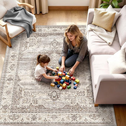 Washable Area Rugs 5x6 Entryway: Soft Ultra Thin Low Pile Mat Machine Washable Indoor Doormat Lightweight Entry Rug Anti Slip Backing Rugs for Living Room Bedroom Kitchen 5'x6' Beige