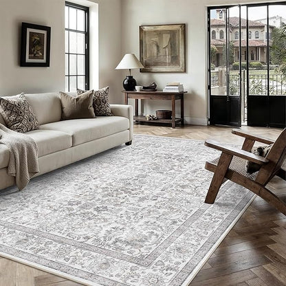 5x7 Gray Washable Area Rugs for Living Room Non Slip Low Pile Vintage Boho Throw Rug Soft Retro Distressed Floral Carpet Indoor Farmhouse Decor for Bedroom Dining Room Office Kitchen Playroom