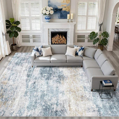 10x13 Area Rug Living Room: Washable Large Neutral Rug Abstract Soft Modern Stain Resistant Indoor Floor Non-Slip Carpet for Bedroom Nursery Kids Office Playroom Dining Room Under Table- Blue Gold