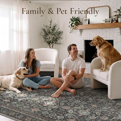 GENIMO 8x10 Area Rugs for Living Room, Machine Washable Non Slip Vintage Rugs, Low Pile Lightweight Chenille Print Rug for Bedroom, Dining Room, Home Office, Black