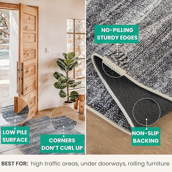 Bloom Rugs Washable Non-Slip 10 ft Runner - Gray/Blue/Blush Modern Abstract Runner for Entryway, Hallway, Bathroom, and Kitchen - Exact Size: 2.5' x 10'