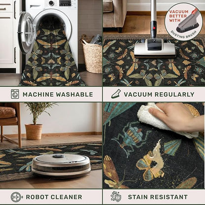 Dark 6x8 Insect Area Rug for Living Room - Vintage Washable Rugs for Dining Room Under Table, Low Pile & Soft Boho Bedroom Decor, Butterfly Non Slip Foldable Carpet