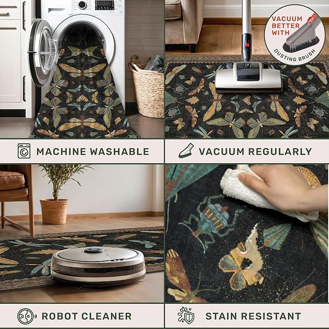 Insect Print Washable 4x6 Entryway Rug - Non-Slip Low Pile Area Rug for Large Kitchen, Bedroom, Office - Ultra Soft Aesthetic Decor, Black & Brown