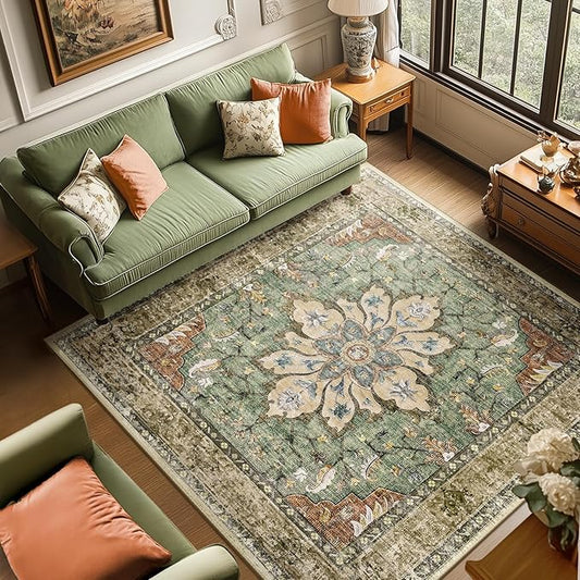 RELEANY Area Rugs Square 8ft Washable Non-Slip, Floral Vintage Distress Print Pattern Medallion Carpet for Living Room Bedroom Dining Room, Brick Red Rust Neutral Brown Burnt Orange Green