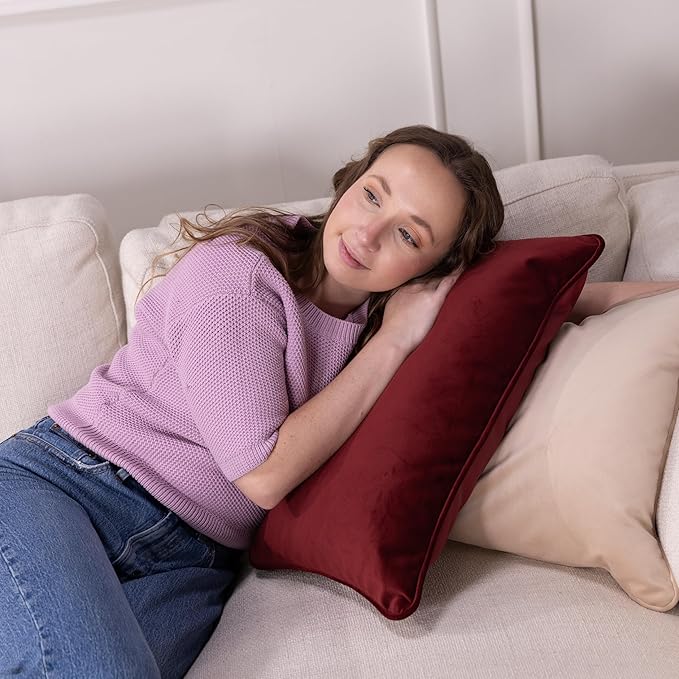 FDP 12" x 20" Velvet Rectangle Lumbar Pillow Set with Piping; Decorative Throw Pillow for Home Décor in Living Room, Bedroom or Lounge (2-Pack) - Bordeaux, 15159-349