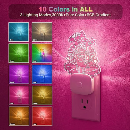 JandCase 2 Pack Plug in Night Light, 10 Color Changing Castle Night Light with Dusk to Dawn Sensor, Acrylic RGB Nightlight for Kids Girls Bedroom, Gifts for Girls
