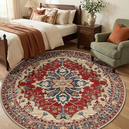RELEANY Area Rugs Round 6ft Washable Non-Slip, Floral Vintage Distress Print Pattern Medallion Carpet for Living Room Bedroom Dining Room, Red Blue