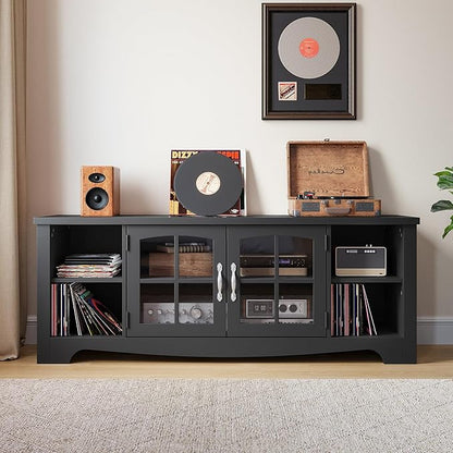LINSY HOME Farmhouse TV Stand for 65 Inch TV, Wood Entertainment Center with Glass Door Storage Cabinet & Adjustable Shelves, Sturdy TV Console Table for Living Room Bedroom, Black