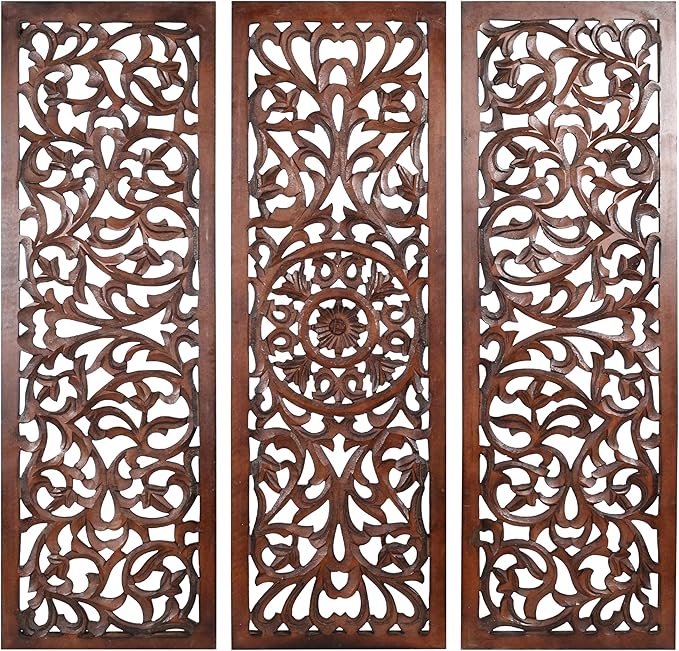 The Wooden Town Wall Hanging Plaques - Wall Plaque Wall Décor Plaques Set of 3-36 x 12 Inch - Burnt, Elegant Sculpture Wall Décor Panel to Enhance the Décor of Your Room or Office